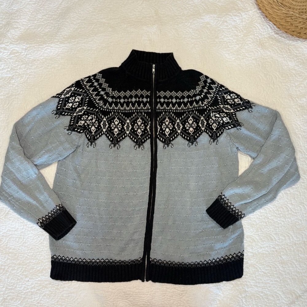 Sag Harbor Nordic Fair Isle Zip Sweater Jacket Black Gray White XL
